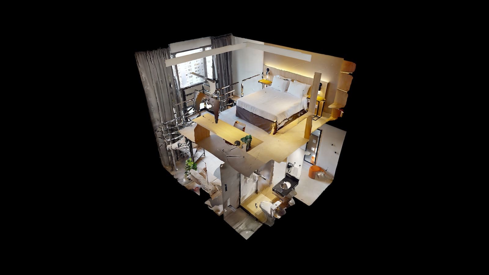 Visão Dollhouse do Tour 3D — perspectiva espacial do imóvel